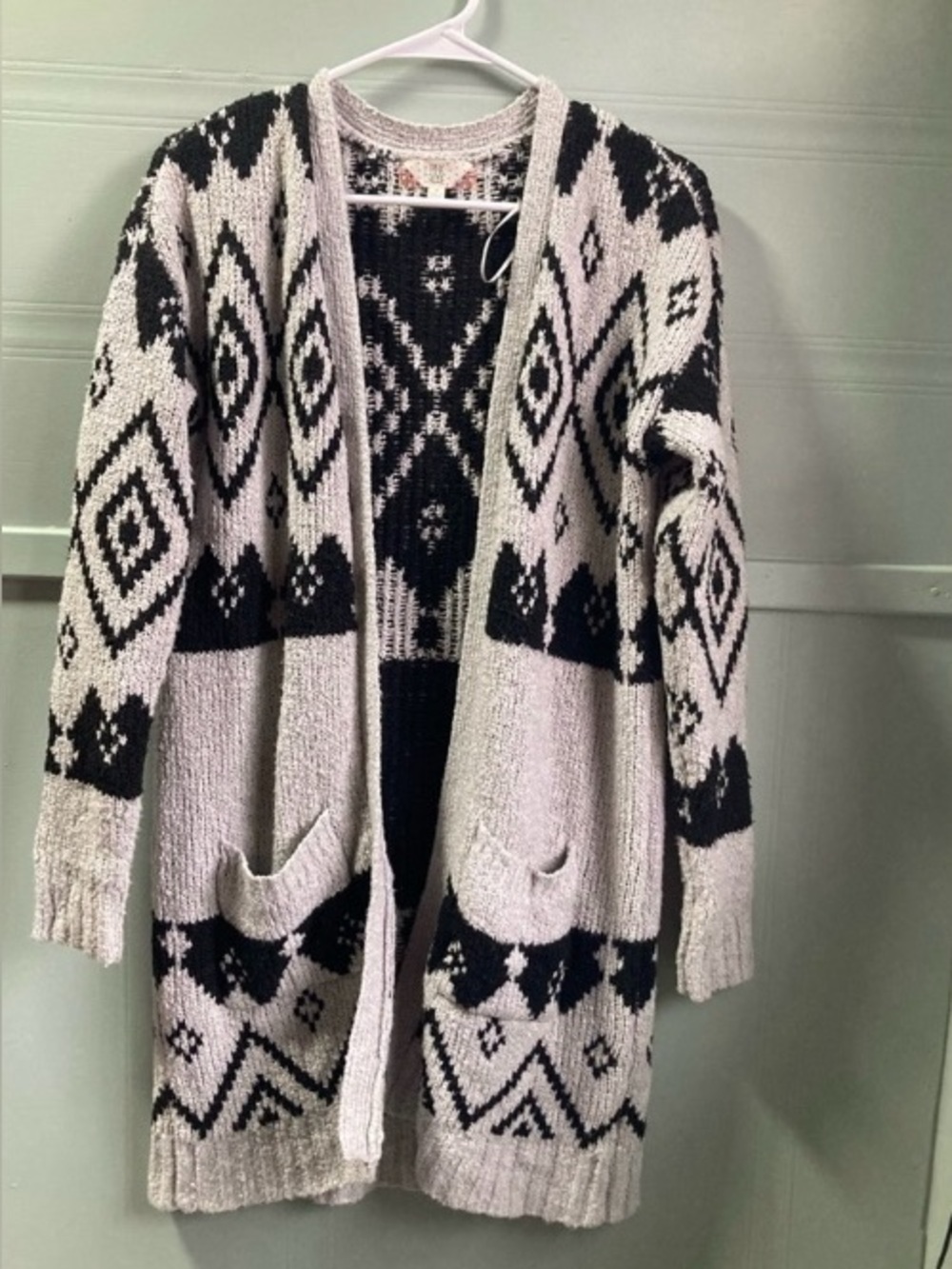 Pink Rose Black & Cream Geometric Open-Front Cardigan Cozy Size Medium
